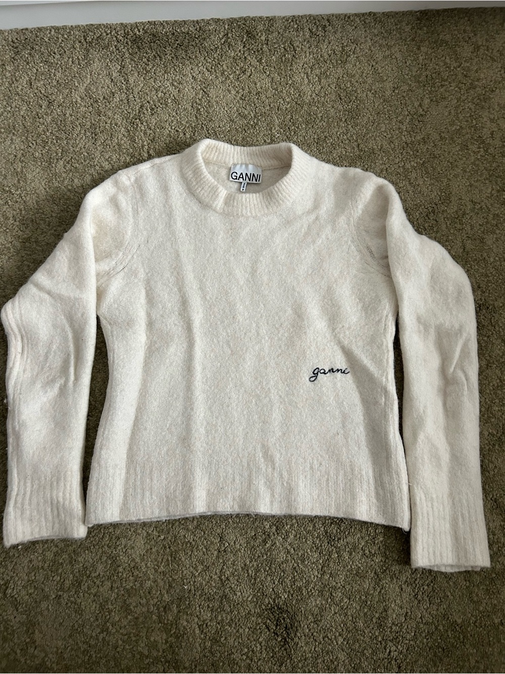 Ganni Cream Cashmere Crewneck Sweater with Script Logo